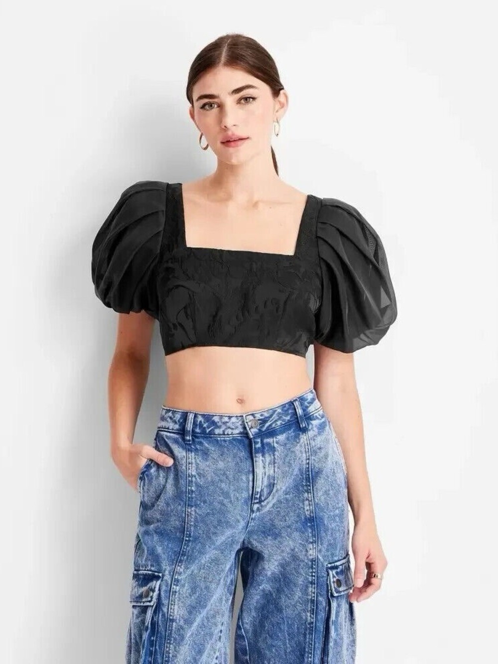 Black Puff-Sleeve Square-Neck Crop Top